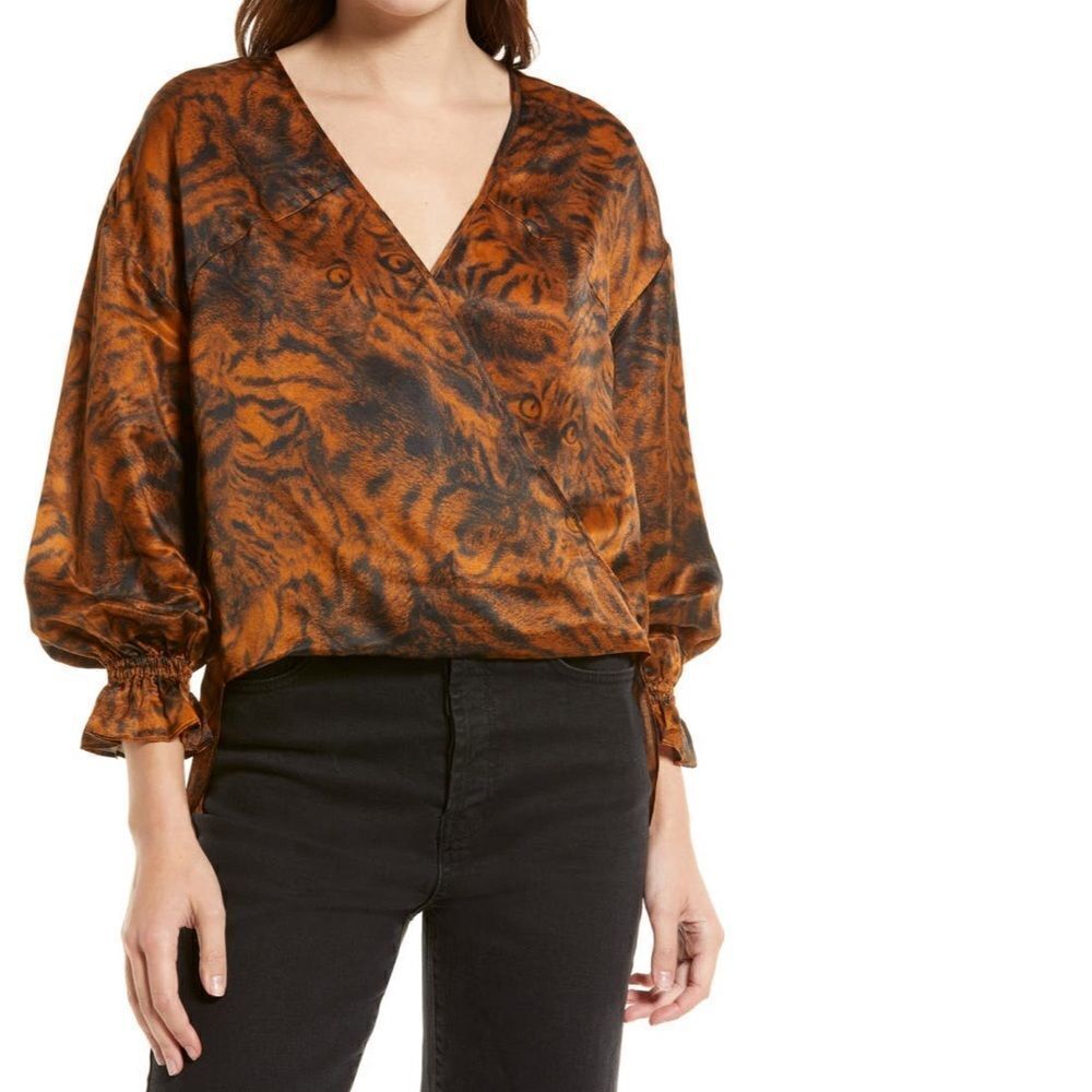 AllSaints Penny Grizedale Cat Print Silk Blend Wrap Front Blouse US 4 MSRP $199